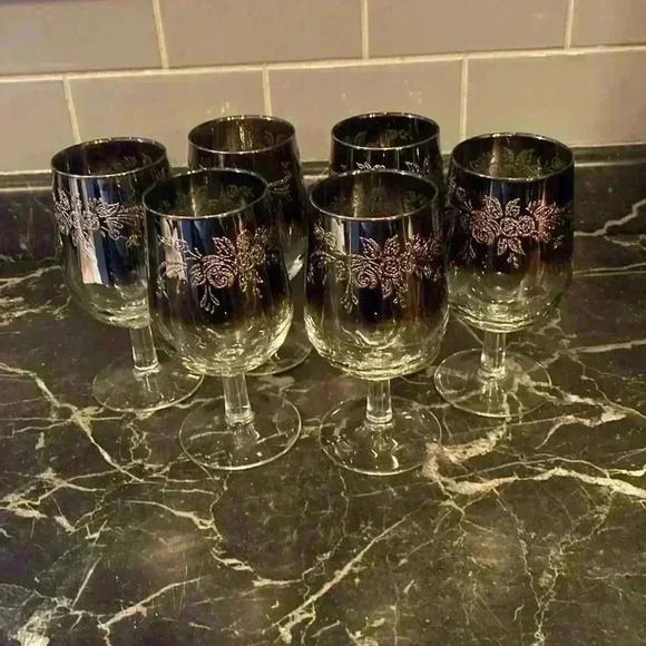 6 Vintage Silver Fade Wine Glasses Ombre WineGlasses, Leaf design made in France - Picture 1 of 14